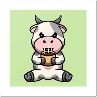 Cute Cow Drinking Hot Chocolate Posters and Art